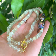 Load image into Gallery viewer, Prehnite and Black Baroque Pearl Necklace featuring translucent green prehnite beads and bold black baroque pearls.