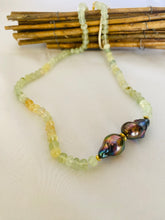 Load image into Gallery viewer, Prehnite and Black Baroque Pearl Necklace | Handcrafted Candy Design featuring green prehnite beads and black baroque pearls.
