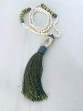 Load image into Gallery viewer, Close-up of Boho Chic Pearl Tassel Necklace — freshwater pearls, jade beads, and druzy agate pendant handcrafted by Loulia Pearl Jewelry