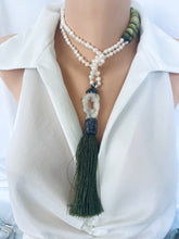 Load image into Gallery viewer, Boho Chic Pearl Tassel Necklace on mannequin — handcrafted pearl, jade, and druzy agate statement jewelry by Loulia Pearl Jewelry