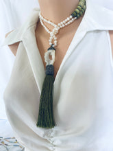 Load image into Gallery viewer, Boho Chic Pearl Tassel Necklace on mannequin — handcrafted pearl, jade, and druzy agate statement jewelry by Loulia Pearl Jewelry