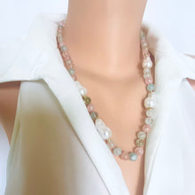 Load image into Gallery viewer, Morganite aquamarine pearl necklace showcasing pastel gemstones and pearls, elegantly handcrafted design.