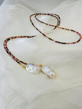 Load image into Gallery viewer, Detailed view of Multi Tourmaline Baroque Pearl Lariat Necklace on white surface — colorful tourmaline and white pearls by Loulia Pearl Jewelry