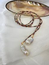 Load image into Gallery viewer, Close-up of Multi Tourmaline Baroque Pearl Lariat Necklace on white background — faceted tourmaline beads and baroque pearls handcrafted by Loulia Pearl Jewelry