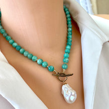 Carica l'immagine nel visualizzatore di Gallery, Green amazonite toggle necklace with baroque pearl pendant, Gold Filled & Gold Bronze, 18.5"inches