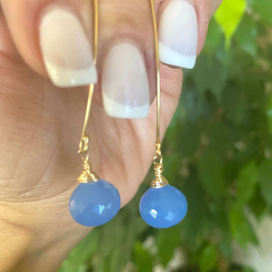 Chalcedony threader earrings showcasing blue briolettes, highlighting delicate craftsmanship and elegant design.