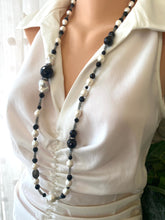 Load image into Gallery viewer, Labradorite Onyx Pearl Long Necklace displayed on mannequin, showcasing elegant design and handcrafted quality.