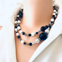 Load image into Gallery viewer, Handcrafted Labradorite Onyx Pearl Long Necklace showcasing a blend of gemstones on a mannequin.