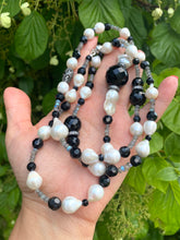Load image into Gallery viewer, Labradorite Onyx Pearl Long Necklace featuring black onyx and white pearls, handcrafted 39" jewelry from Canada.