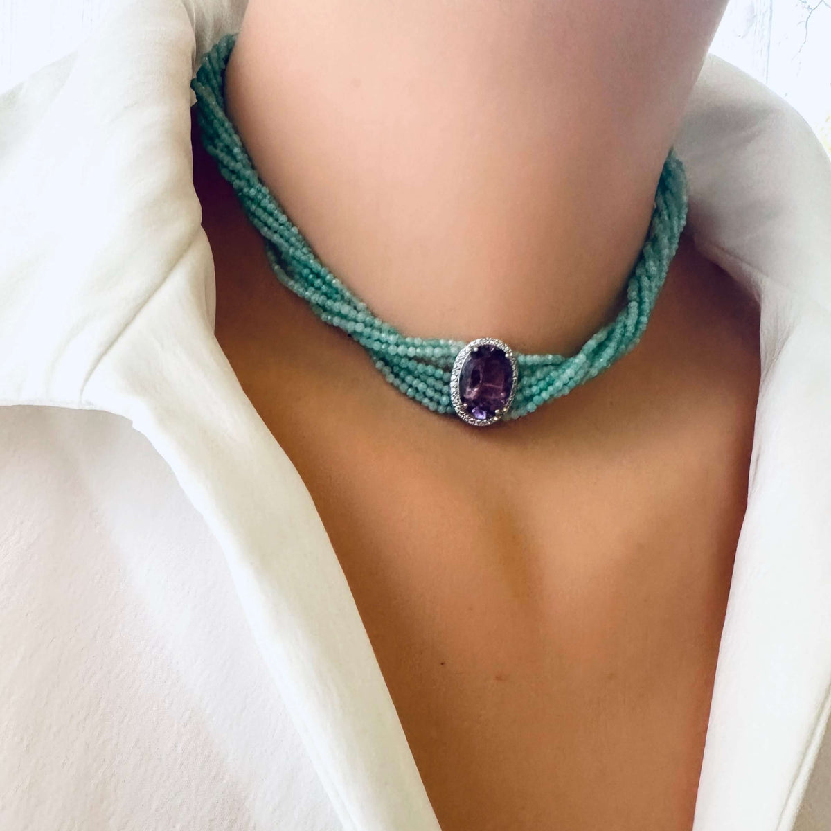 Amethyst Amazonite Choker Necklace – 8-Strand Twisted Gemstone Collar with a vibrant design.