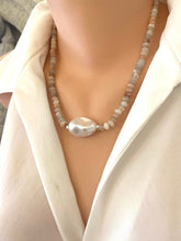 Load image into Gallery viewer, Moonstone and Baroque Pearl Necklace showcasing mixed moonstone rondelles and a baroque pearl center.