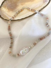 Load image into Gallery viewer, Moonstone and Baroque Pearl Necklace featuring mixed moonstone rondelles and a stunning baroque pearl centerpiece.