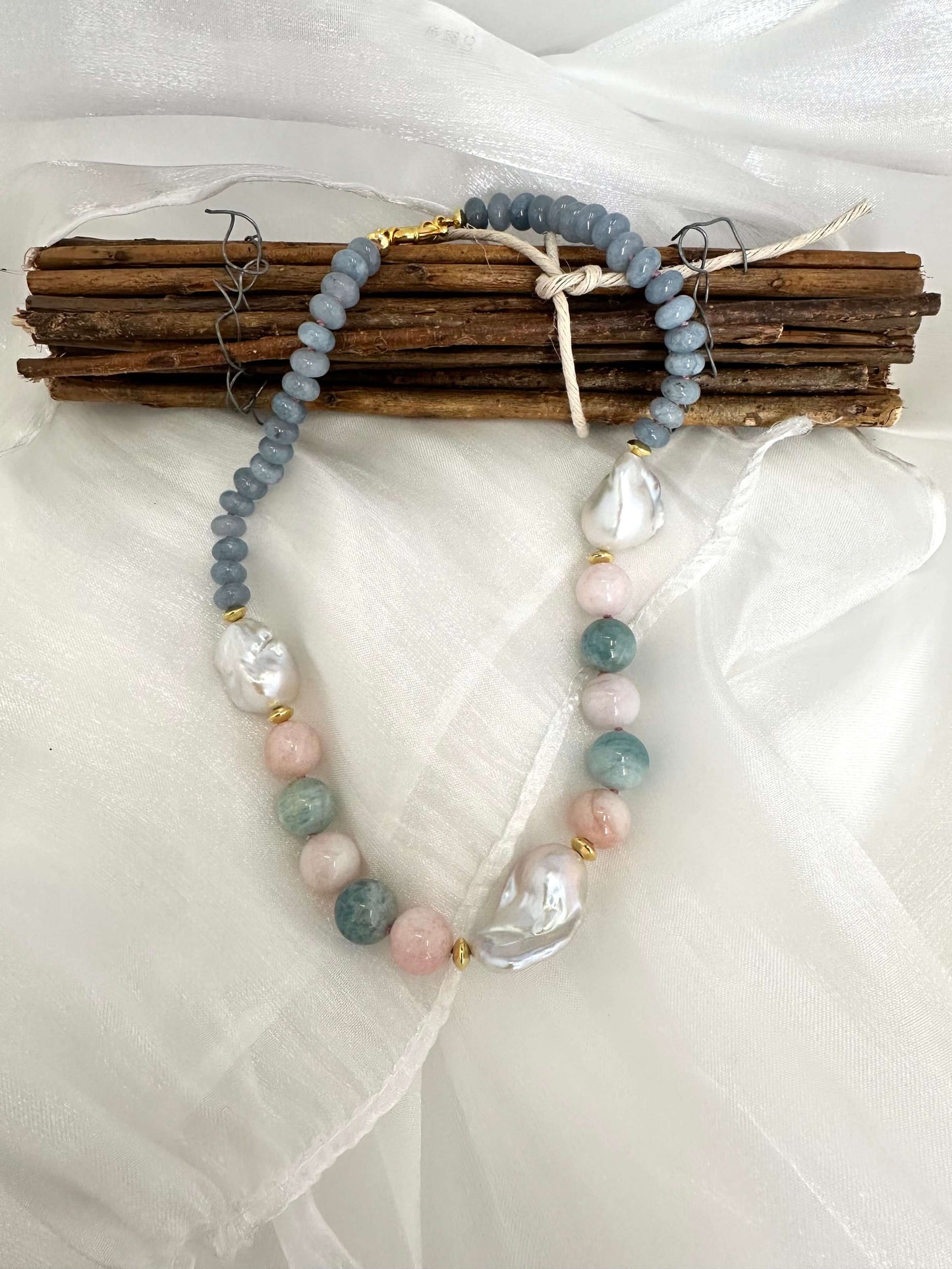 Blue Jade Morganite Aquamarine Pearl Necklace | Baroque Design