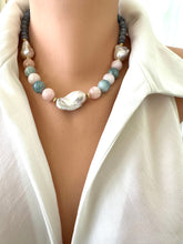 Lade das Bild in den Galerie-Viewer, Blue Jade Morganite Aquamarine Pearl Necklace showcasing baroque gemstone design with silk details.