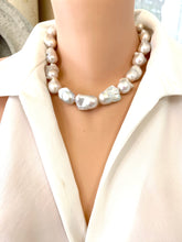 Load image into Gallery viewer, Baroque Pearl Chunky Necklace showcasing handcrafted design with unique white freshwater baroque pearls on a soft grey silk thread.