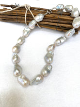 Load image into Gallery viewer, Baroque Pearl Chunky Necklace showcasing unique white freshwater pearls handcrafted on grey silk.