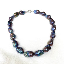 Load image into Gallery viewer, Black Baroque Pearl Necklace | Handcrafted Chunky Design featuring unique peacock-black pearls on silk thread.