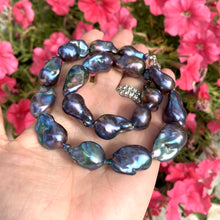 Load image into Gallery viewer, Black Baroque Pearl Necklace showcasing peacock-black freshwater baroque pearls in a chunky design.