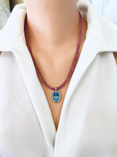 Load image into Gallery viewer, Pink Tourmaline Blue Topaz Pendant displayed on a model, showcasing the double strand design by Loulia Pearl Jewelry.