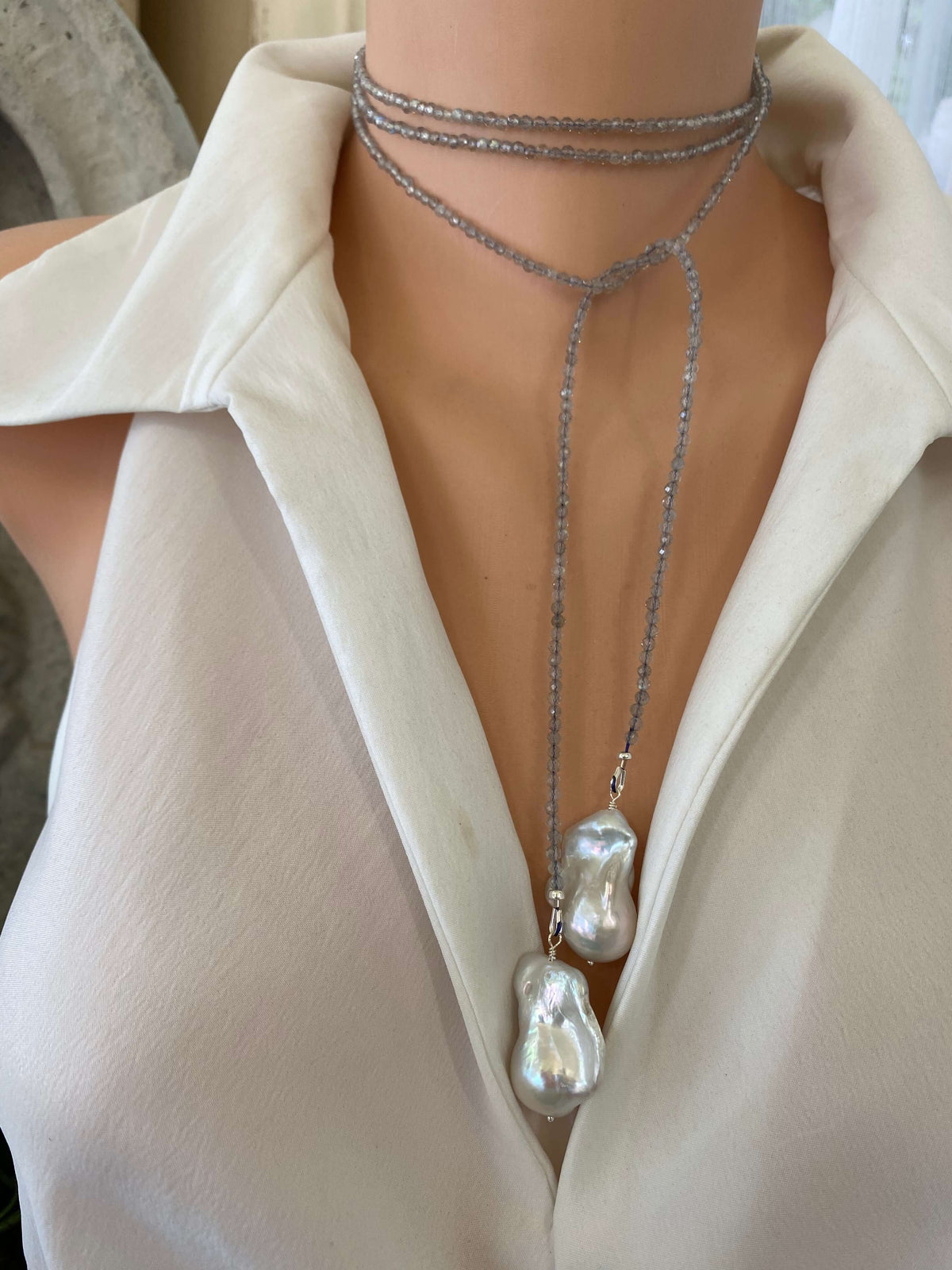 Labradorite and Baroque Pearl Necklace featuring faceted beads and large baroque pearls, designed by Loulia Pearl Jewelry.