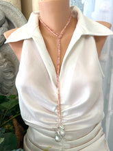 Load image into Gallery viewer, Pink Opal Baroque Pearl Necklace displayed on mannequin, showcasing its lariat design and elegant pink opal beads.