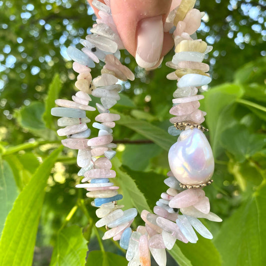Morganite aquamarine necklace featuring handcrafted pastel gemstones and a baroque pearl centerpiece.
