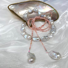 Load image into Gallery viewer, Pink Opal Baroque Pearl Necklace | 52" Lariat Design featuring faceted pink opal beads and unique baroque pearls.