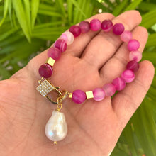 Load image into Gallery viewer, Green or Hot Pink Mat Sardonyx Bracelet with Baroque Pearl Charm
