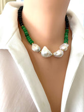 Load image into Gallery viewer, Short green jade black tourmaline pearl necklace featuring vibrant jade beads and luminous white baroque pearls.