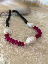 Load image into Gallery viewer, Hot Pink Jade Tourmaline Necklace featuring handcrafted baroque pearl design with vivid hot pink jade beads.