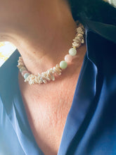 Load image into Gallery viewer, Aquamarine Morganite Necklace – close side view worn by female model