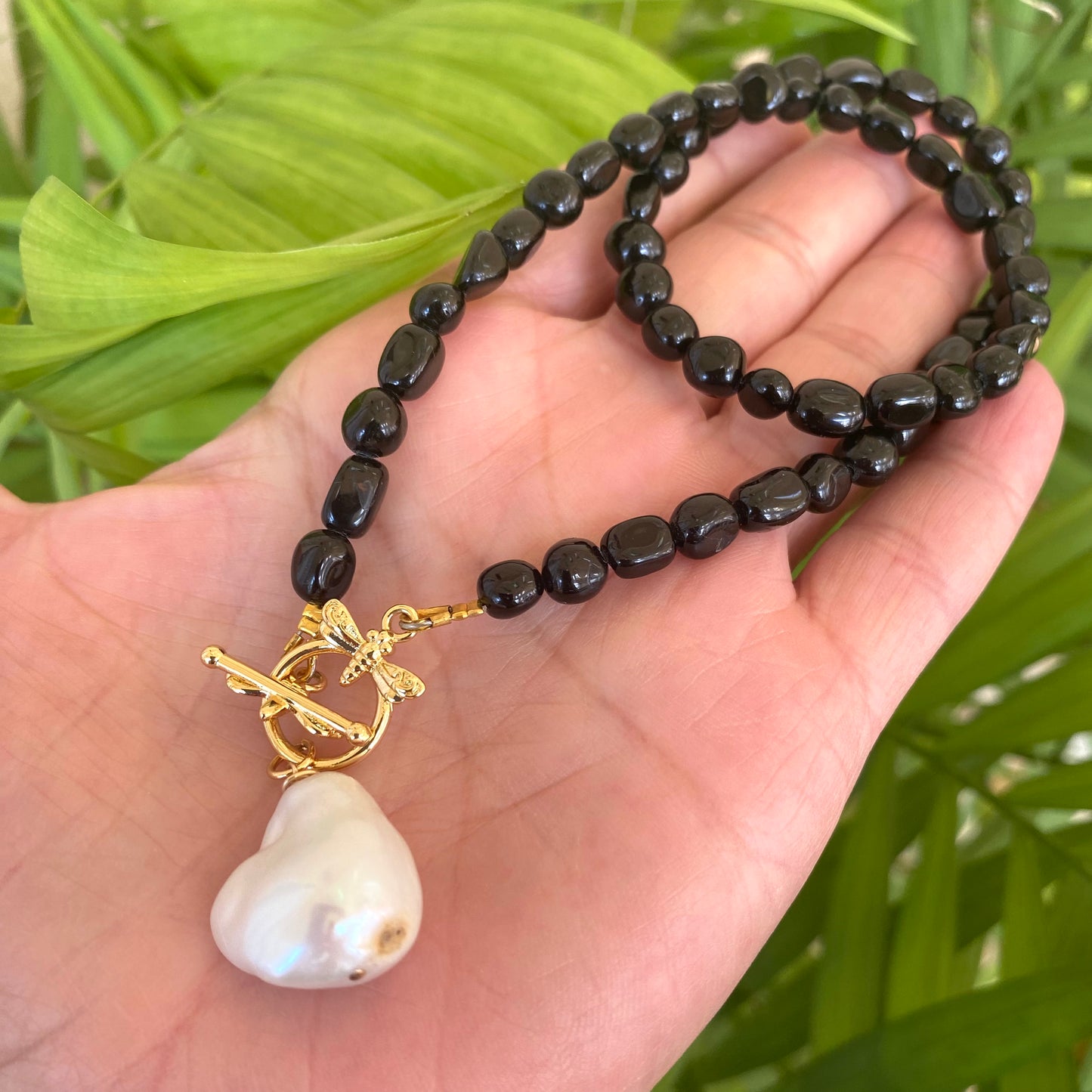 Black Tourmaline & Baroque Pearl Necklace, Honey Bees Clasp