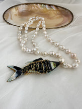 Lade das Bild in den Galerie-Viewer, Black Cloisonné Fish Pendant Necklace, 35", Hand Knotted White Baroque Pearls, 9–11mm
