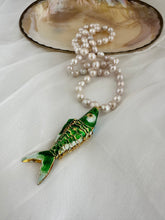 Lade das Bild in den Galerie-Viewer, Green Cloisonné Fish Pendant Necklace, 33", Hand Knotted White Baroque Pearls, 9–11mm