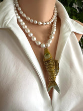 Lade das Bild in den Galerie-Viewer, White Baroque Pearl Necklace with Cloisonné Fish Pendant, 9–11mm Hand Knotted Pearls, 32" or 34"