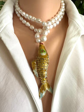 Lade das Bild in den Galerie-Viewer, White Baroque Pearl Necklace with Cloisonné Fish Pendant, 9–11mm Hand Knotted Pearls, 32" or 34"
