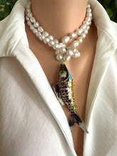 Lade das Bild in den Galerie-Viewer, Burgundy Koi Fish Pendant Necklace, 35", Hand Knotted White Baroque Pearls, 9–11mm