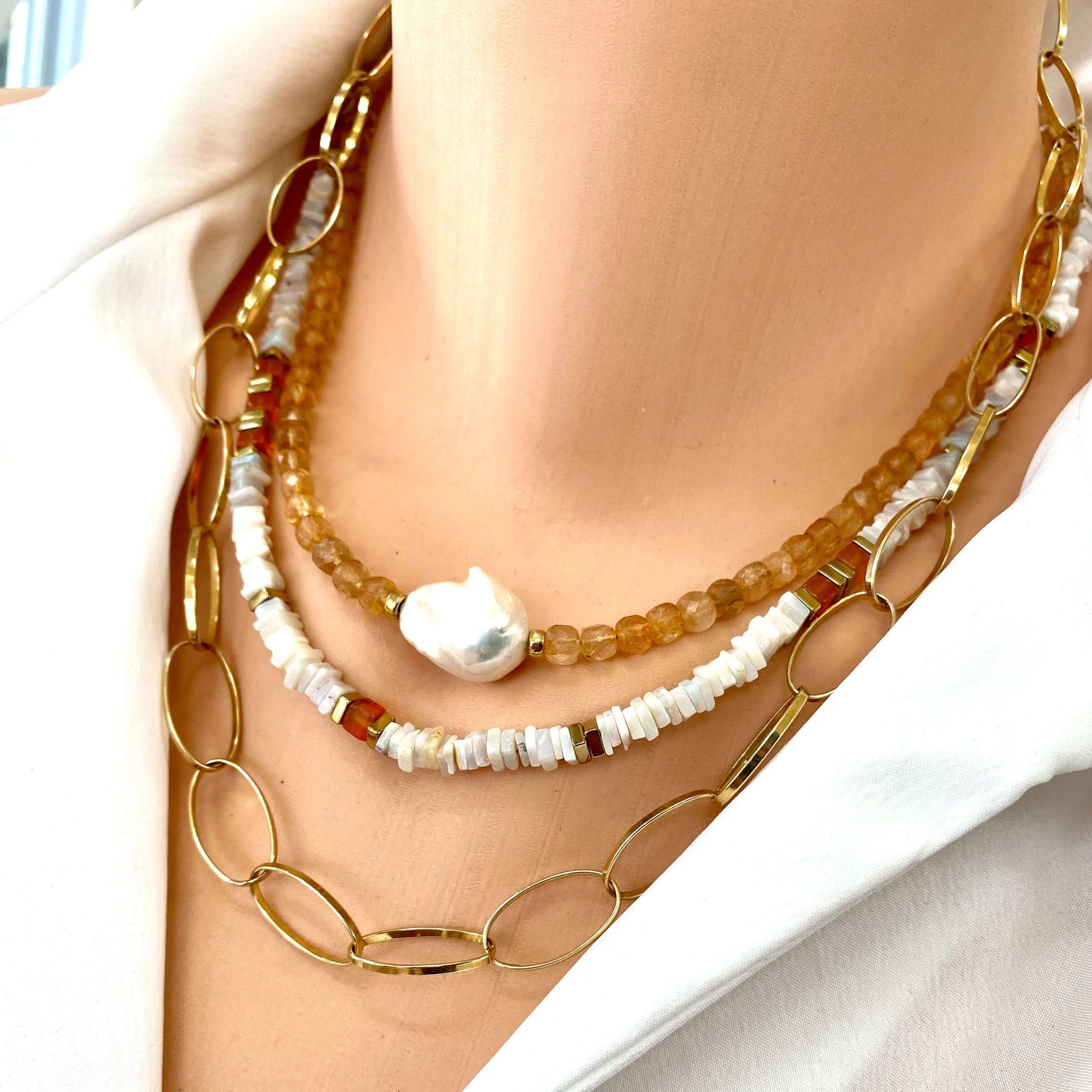 Opal carnelian necklace layered with gold chain and natural opal beads