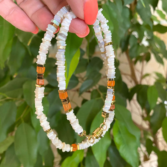 Opal carnelian necklace with white gray Australian opal and orange carnelian beads