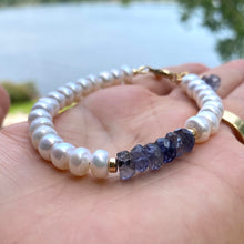 Load image into Gallery viewer, Blue Iolite & White Button Pearl Bracelet, 14K GF