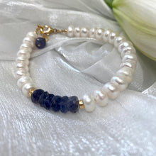 Load image into Gallery viewer, Blue Iolite & White Button Pearl Bracelet, 14K GF