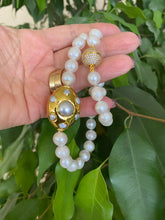 Lade das Bild in den Galerie-Viewer, White Potato Pearl Necklace, 9–11mm, Gold Plated Focal Accent, CZ Pavé Magnetic Clasp, 16.5"–18.5"