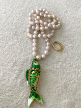 Lade das Bild in den Galerie-Viewer, Green Cloisonné Fish Pendant Necklace, 33", Hand Knotted White Baroque Pearls, 9–11mm