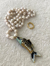 Lade das Bild in den Galerie-Viewer, Black Cloisonné Fish Pendant Necklace, 35", Hand Knotted White Baroque Pearls, 9–11mm