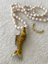 Lade das Bild in den Galerie-Viewer, White Baroque Pearl Necklace with Cloisonné Fish Pendant, 9–11mm Hand Knotted Pearls, 32" or 34"