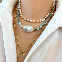 Carica l'immagine nel visualizzatore di Gallery, Fall in love with the soothing blues of Larimar and the timeless elegance of baroque pearls! This necklace features dreamy, ocean-inspired Larimar gemstones nuggets, perfectly complemented by the organic beauty of a stunning baroque pearl, 18 inches