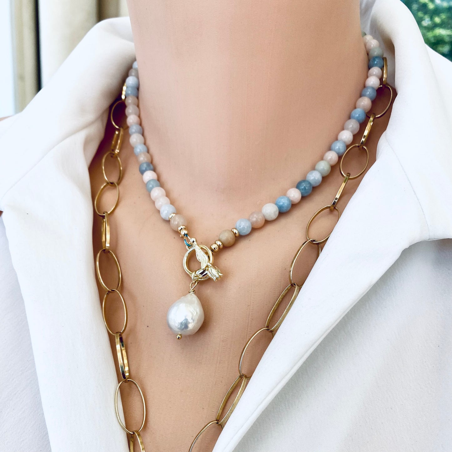 Morganite aquamarine pearl necklace close-up on neckline, elegant gemstone jewelry handcrafted in Canada