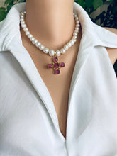 Lade das Bild in den Galerie-Viewer, White Potato Pearl Necklace, 9–11mm, Gold Plated Pink Quartz Cross Pendant , Magnetic Clasp, 17.5"