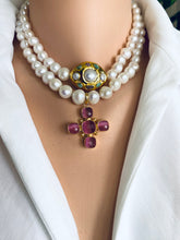 Lade das Bild in den Galerie-Viewer, White Pearl Necklace, 9–11mm, Gold Plated Focal Accent, Magnetic Clasp, 16"–18"