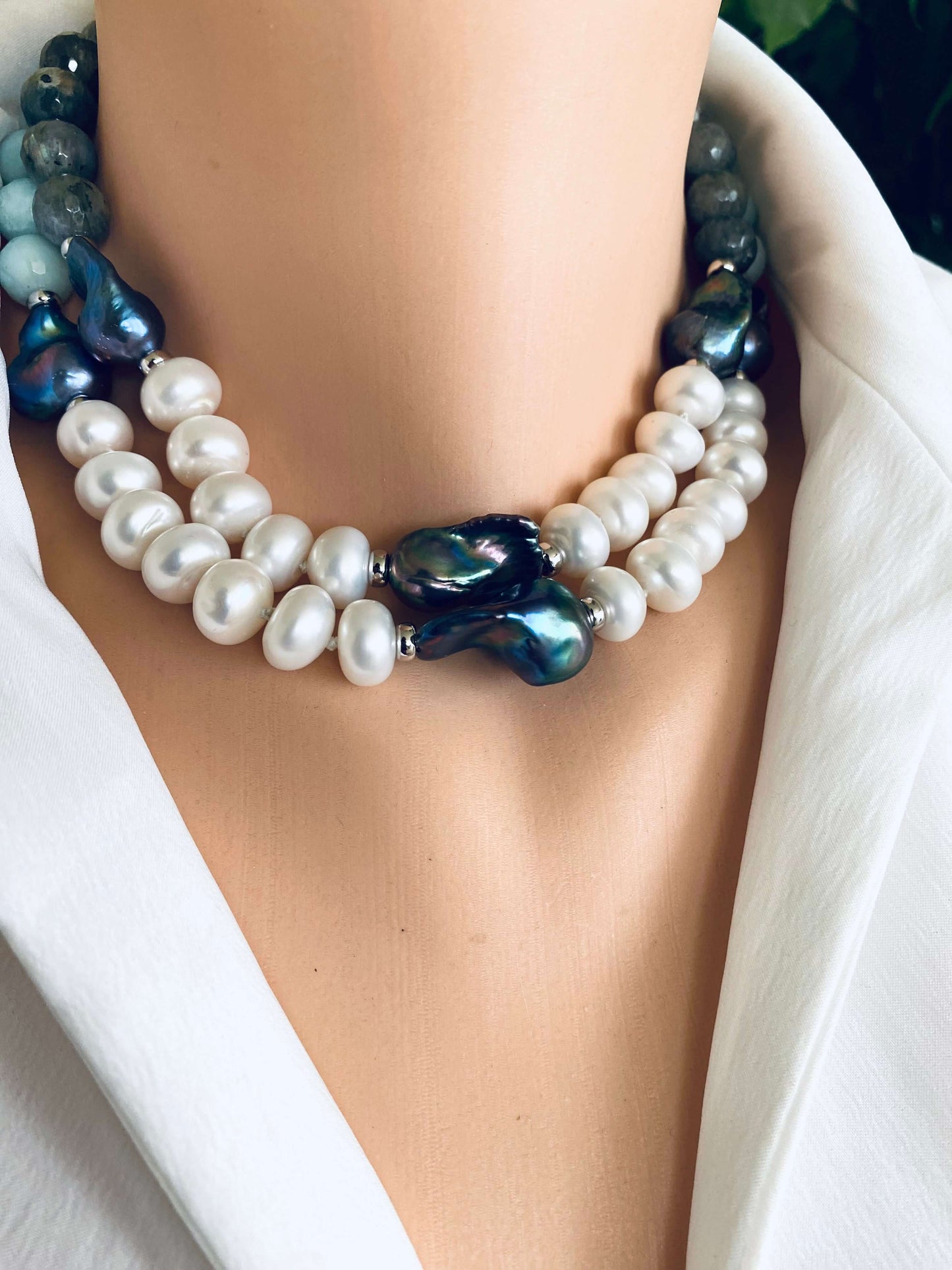 Amazonite pearl necklace featuring Baroque and Coin pearls with vivid colors and organic elegance.